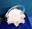 VINTAGE FENTON SILVER CREST MILK GLASS BRIDAL BASKET WITH CLEAR HANDLE