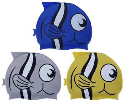 CHEX 100% Premium Silicone Fish Fin Childrens Swim Cap Stripey Smiley 3-7 Years