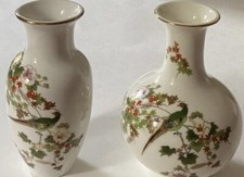 2 Vintage JGI Vases Pheasant Floral Gold Trim Japan Shaddy Mino Glossy Vibrant