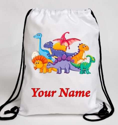 Personalised DINOSAURS Drawstring Bag Kids Name Girls Boys School PE Backpack - Afbeelding 1 van 1