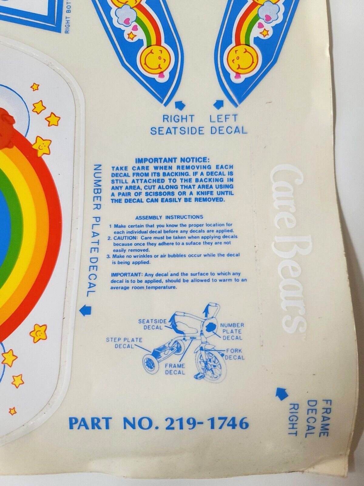 VTG Care Bears Tricycle Bike Bicycle Sticker Decals 9 stickers Part No. 219-1746