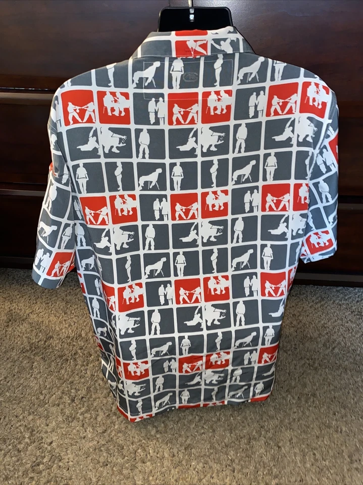 Camisa masculina complexa ECKO UNLTD grande arte abstrata luta impressão botão para cima RARA - Imagem 4 de 4