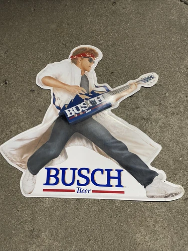 Vintage Busch Beer Metal Sign, Rock & Roller Guitar Man - Large 32”x29” Wall Art
