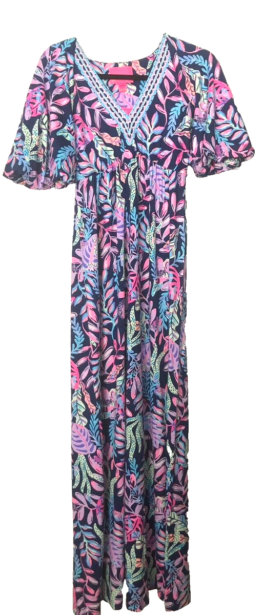 Lilly Pulitzer Manuela Maxi Dress Women's Clothing Oyster Bay Navy : Xs