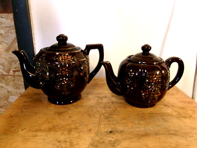 ceramic tea kettle brown with painted flowers & gold accent from japan 2 each