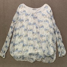 Elena Baldi Blouse Women 3X Silk White Blue Floral Lined Long Sleeve