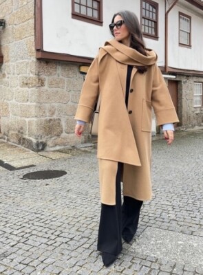 ZARA SS23 CAMEL ZW COLLECTION DOUBLE-FACED SCARF WOOL COAT XS-S M-L 8491/240