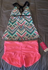 Hula Honey 2 Piece Strappy Back Swimsuit Tankini Top  Boy Shorts Bottom M C11 