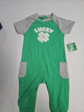 NWT 6-9M St Patricks Day One Piece Outfit Short Sleeve Long Pant Lucky Shamrock