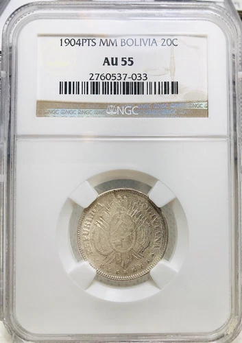 Bolivia 1904 MM-PTS, 20 Centavos, NGC AU 55, Km#159.2. Rare Coin