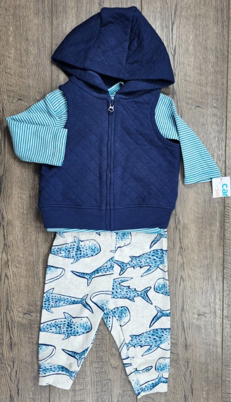 Baby Boy Clothes New Just One You Carter's 3 Month 3pc Hooded Vest Whale Outfit