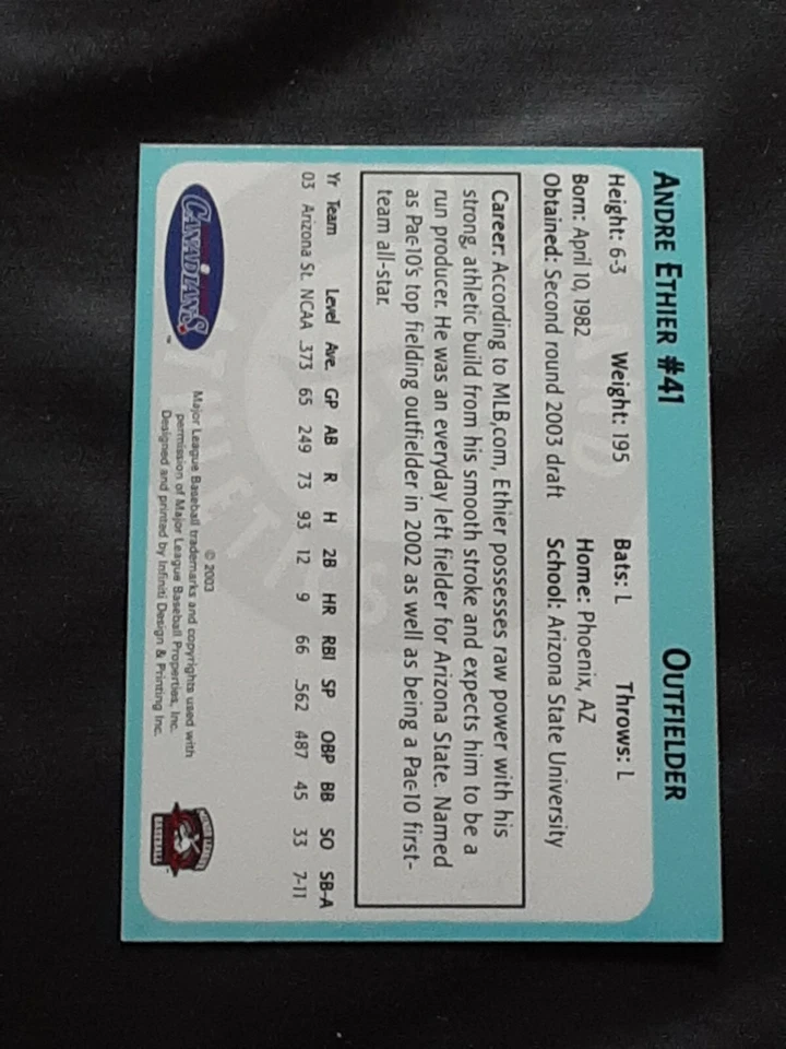 Tarjeta de novato de béisbol de ligas menores de 2003 autografiada por Andre Ethier Dodgers Foto 3 de 3