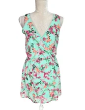 Filly Flair Floral Green Chiffon Mini Fit& Flare Dress V-neck Sleeveless Women S