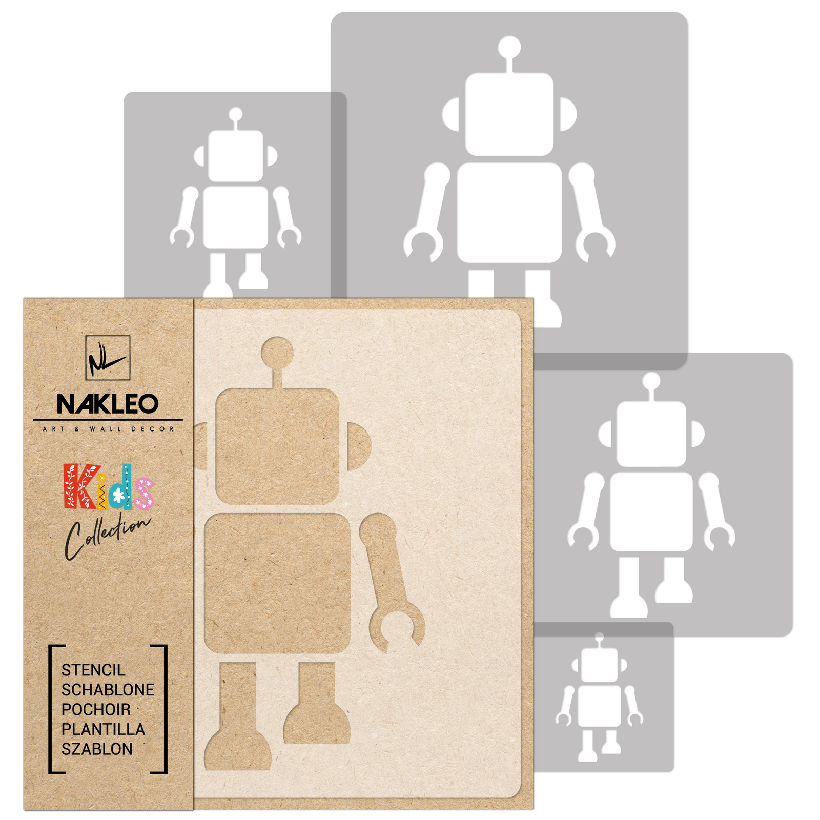 Pochoir robot pour enfants Lot de 5 plaques en plastique réutilisables de 9x9cm à 34x34cm
