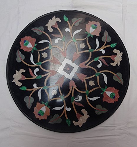 22-inch Black Marble Coffee Table with Handmade Pietra Dura Art for Home Decor
