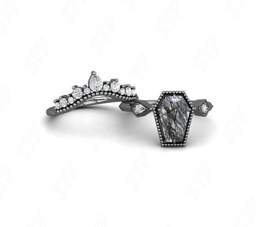 Art Dec Black Rutilated Coffin Shaped Engagement Ring Set Silver Womens Ring - 第 5/9 張圖片