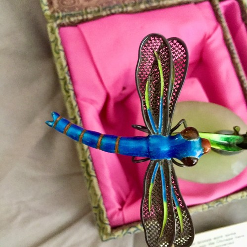 Chinese Su'i Hai Sterling 925 Silver/ Enamelled Dragonfly / Reeds On Jade Base