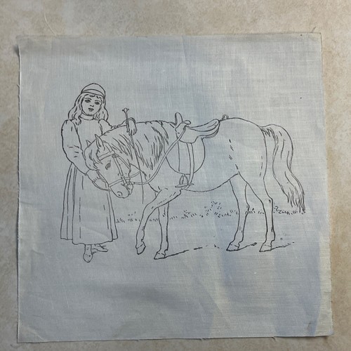 Stamped Embroidery Needlepoint 8 1/2” Square Girl Horse Grass Unworked - Picture 5 of 12