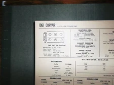 1961 Chevrolet Corvair Series 900 Power Pak 145 SUN Tune Up Chart Great Shape!
