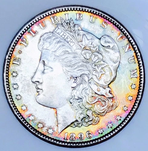 1896 P MORGAN DOLLAR! GEM BU+++! RAINBOW TONED BEAUTY! SO INSANE! WOW! NR #K2904