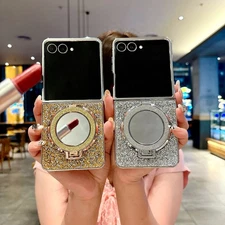 For Samsung Galaxy Z Flip 7 Bling Glitter PC Case with Mirror Ring Stand Cover
