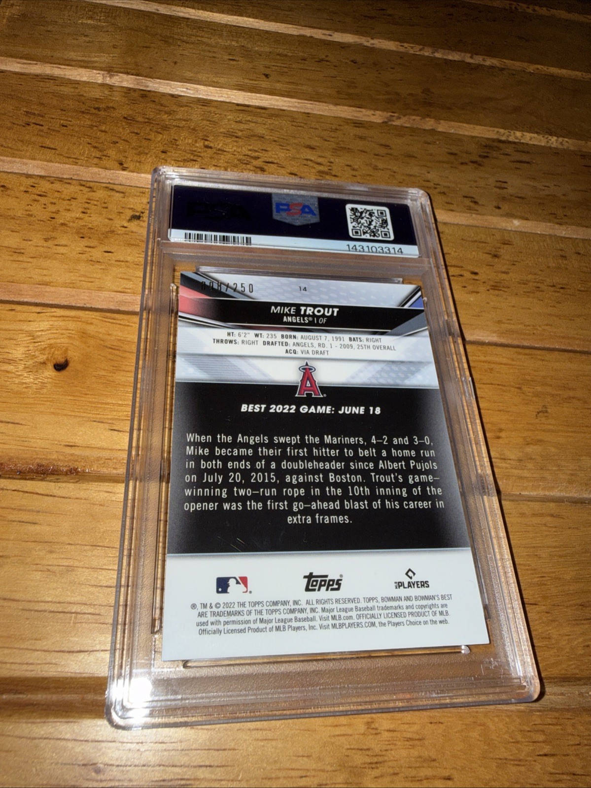 2022 Bowman Best Mike Trout Purple Refractor #14 /250 Los Angeles Angels PSA 10 view 3