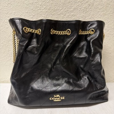 Coach Evelyn Large Shoulder Bag With Quilting Gold/Black CCZ81 Leather