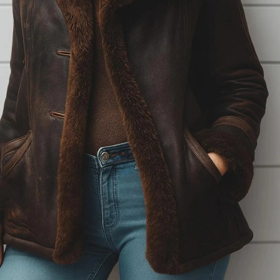 Women’s Shearling Leather Coat – Vintage Brown Sheepskin Jacket with Fur Lining - Image 3 of 4
