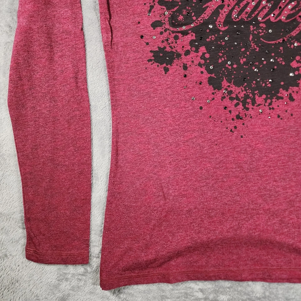 Camiseta Harley Davidson para mujer grande rosa Burnout manga larga cuello en V con pedrería Foto 3 de 4