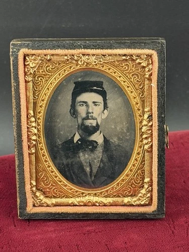 Antique Civil War Photograph Soldier Wearing Kepi Hat Nice! L154