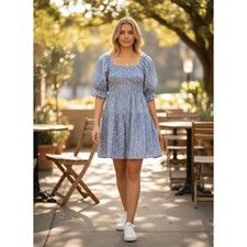 Fit & Flare Dress Womens XL Blue Embroidered Puff Sleeve Cottagecore Vacation