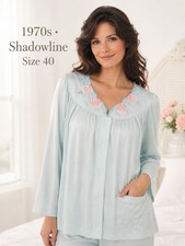 Vintage 1970s Shadowline Bed Jacket Pajama Top 40 Mint Green Roses Snap Front