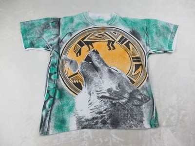 VINTAGE Aztec Wolf Shirt Mens Extra Large Green Tribal All Over Print 90's*