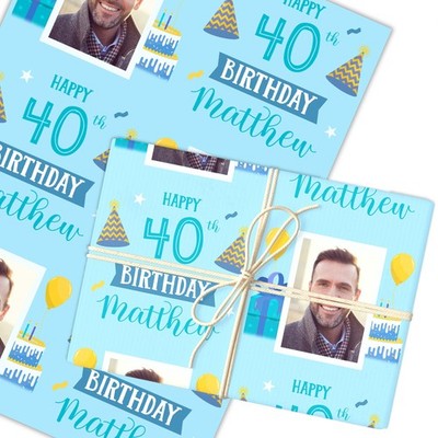 Personalisiertes Geschenkpapier 40. Geburtstag Foto blau für Ihn individuell Geschenkpapier