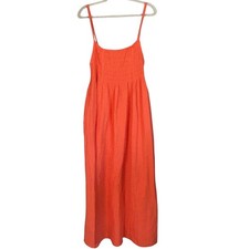 Aerie Coral Orange Smocked Midi Dress Large Spaghetti Strap Summer Boho Gauze