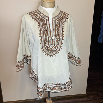 Veloso's Gift Shop Embroidered Boho Peasant Blouse Brwon Tan Size 14
