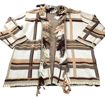 Storybook Knits Womens Cardigan Sweater Sz M Ivory Brown Window Pane Fringe NWT