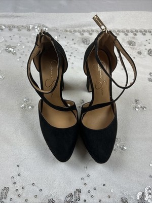 Jessica Simpson black size 6 black heel zip back ankle strap shoes