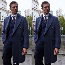 Navy Blue Men's Overcoat Wool Blend Peak Lapel Formal Outdoor Casual Long Coat