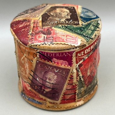 Vtg Decoupage Wooden Stamp Box International Philately Folk Art Trinket Jar 2''