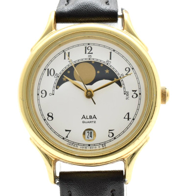 【Exc+5】 SEIKO ALBA V318-6010 Moon Gold Date  28mm Quartz Watch From JAPAN