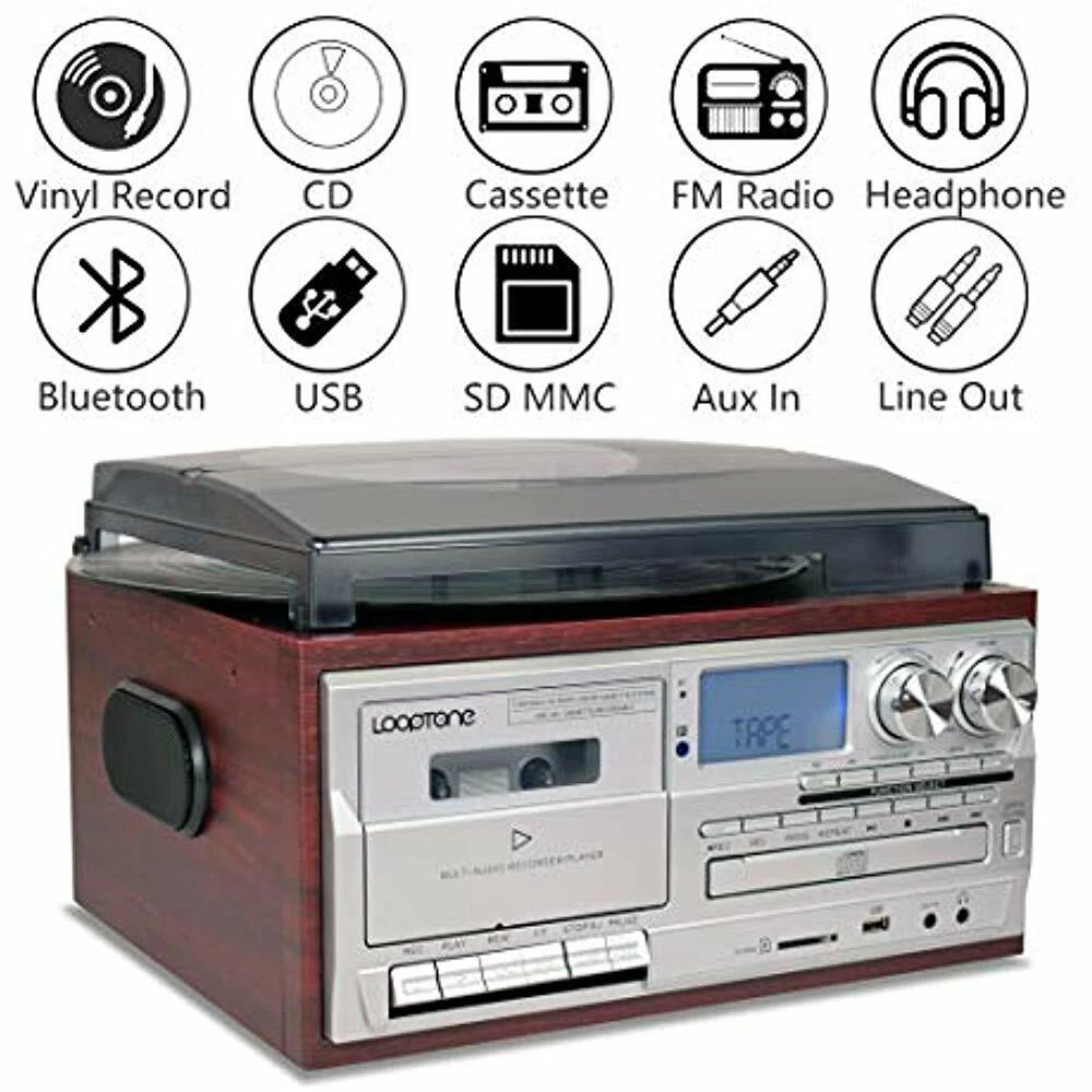 Vinyl Record Player 9 1 3 Speed Bluetooth Vintage Turntable CD Cassette  AM/FM