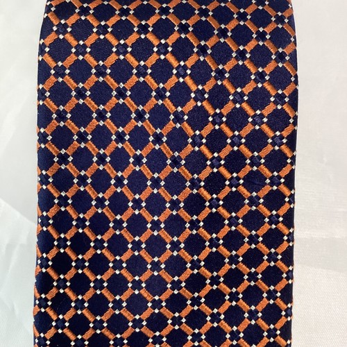 Countess Mara 100% Silk Necktie Navy Blue Orange Woven Geometric ~ 3.25" - Picture 3 of 7