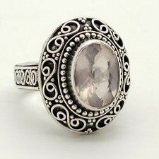 New 925 Sterling Silver Filigree Oval Faceted Pink Quartz Large Band Ring Size 9