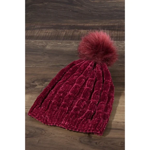 Burgundy Luxury Chenille Cable Knit Faux Fur Pom Pom Winter Beanie Womens Hat - Picture 2 of 3