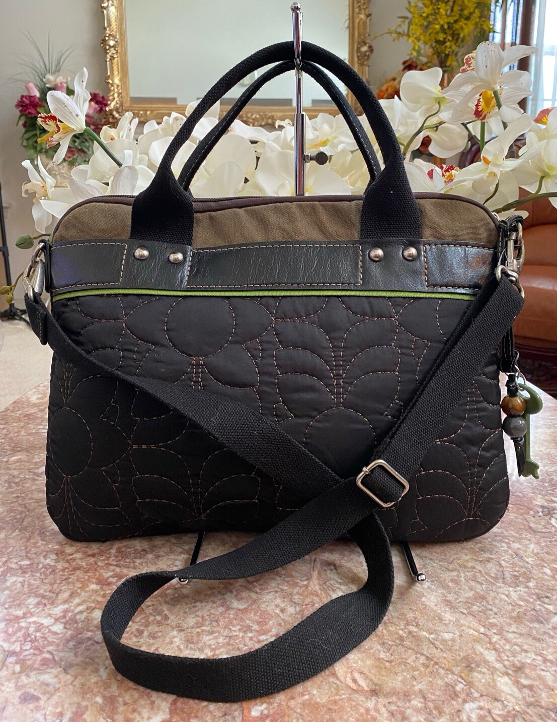 Fossil Key-Per Quilted Brown Nylon Business Laptop Tote Briefcase EUC
