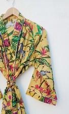 Indian Yellow Cotton Animal Printed Kimono Bath Robe Night Maxi Gown Kimono Robe