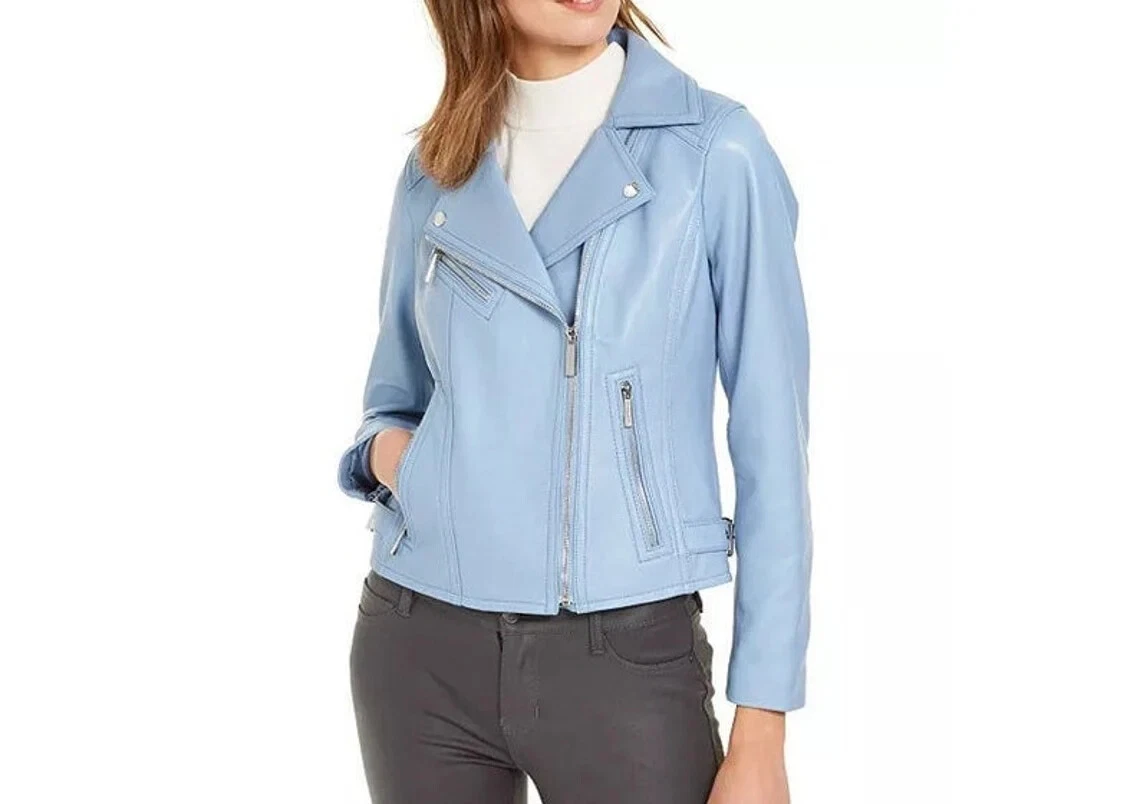 Womens Blue Leather Slim Fit Biker Jacket Real Lambskin Napa Leather Casual Coat