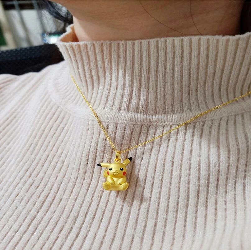Adorable 3D Yellow Pikachu Pok mon Gold Pendant Chain Necklace 2