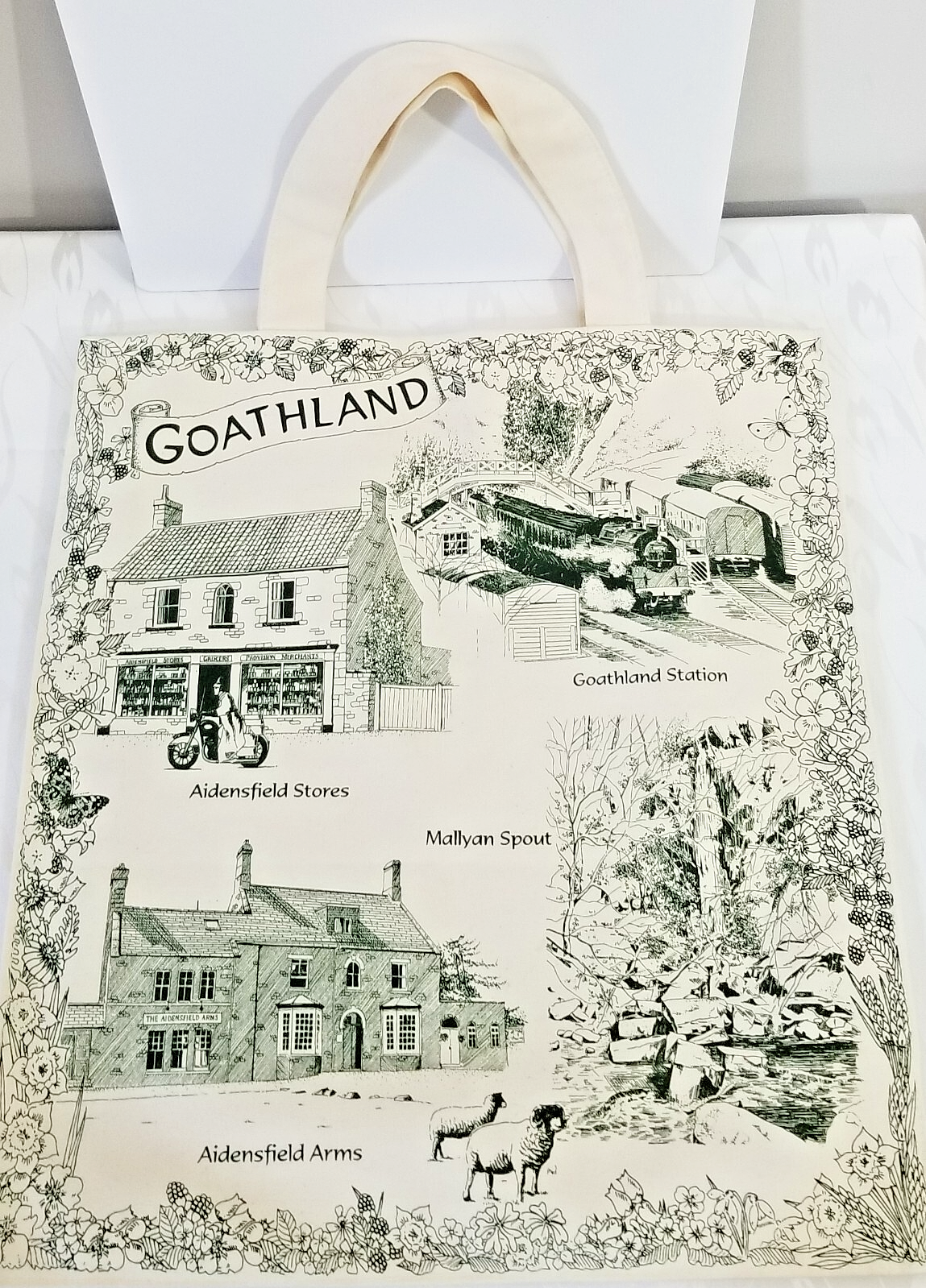 Goathland Village Souvenir Green Canvas Flat Tote Bag 15x17in England  